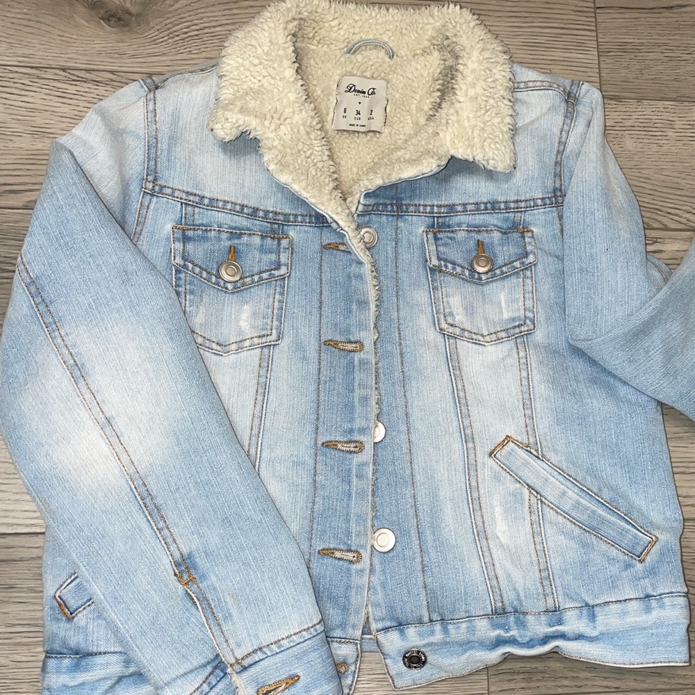 Sherpa Lined Lightly Distressed Denim Button Up Jean Jacket